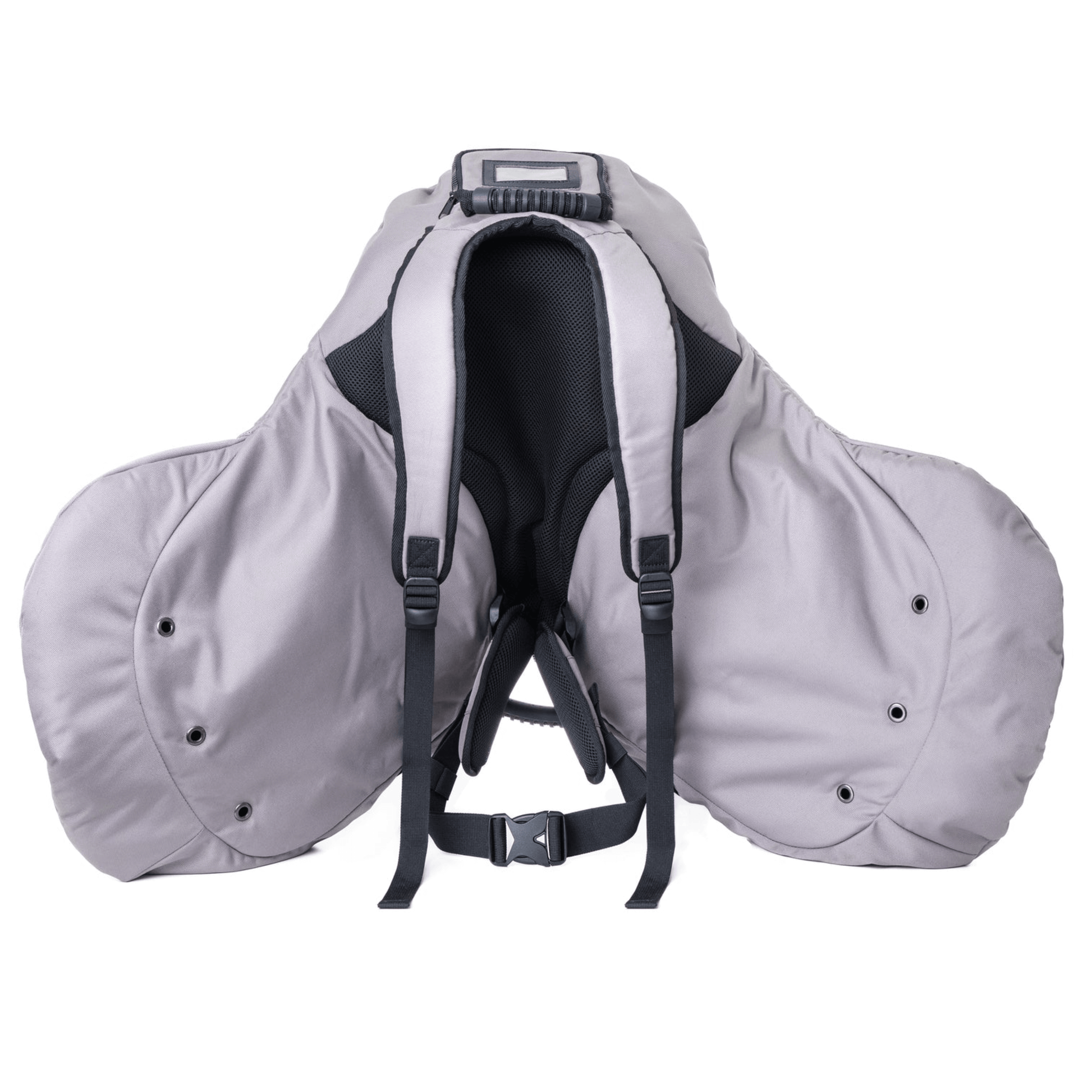 Saddle Carrier Backpack in gray, featuring heavy-duty design and 3-layer protection for efficient saddle transport.